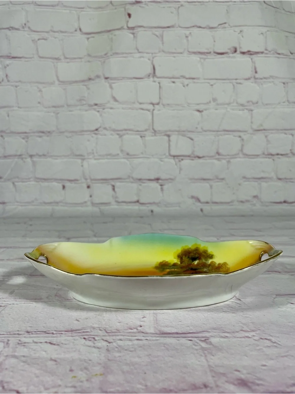 Vintage Noritake Hand Painted Sailboat On River Sunset Relish Dish Gold Trim